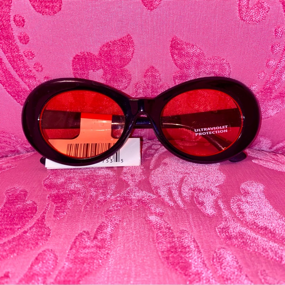 Oval Sunglasses Pink Lens Black Frame Retro Halloween Festiv Kurt Cobain Costume - Picture 2 of 7